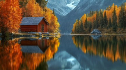 Fototapeta premium Picturesque autumn scene with cabin by the lake and mountain reflections