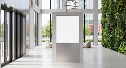 Obraz premium Modern elevator lobby with a large blank poster frame, grey walls, and bright overhead lighting. 