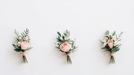Fototapeta premium Delicate pink roses and greenery bouquets tied with string on a plain white surface. Floral arrangements for gardening projects.