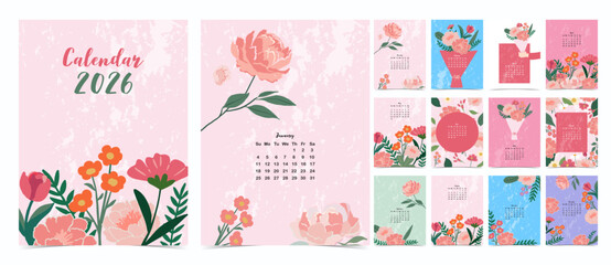 2026 table yearly calendar week start on Sunday with flower that use for vertical digital and printable A4 A5 size