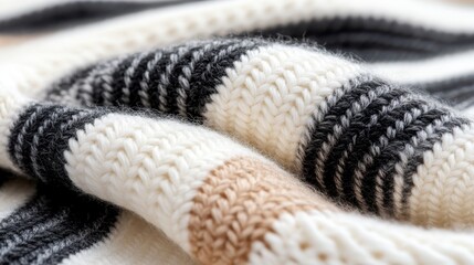 A soft-focus image of a cozy knit blanket featuring stripes in neutral colors, epitomizing warmth, comfort, and home, perfect for relaxation and leisure moments.
