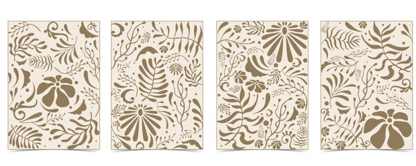 Retro flower and leaves frame background in wavy line style for vertical A4 design