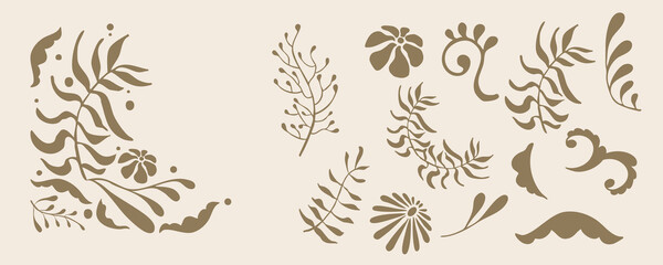Retro flower and leaves border element object in wavy line style