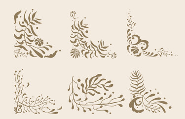 Retro flower and leaves border element object in wavy line style