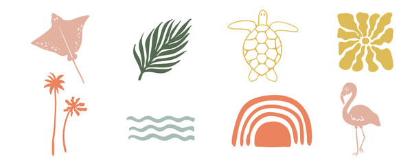 summer beach element object with rainbow,turtle,sun,flamingo