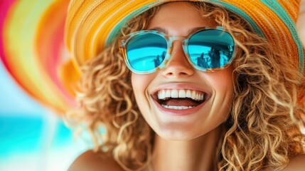 A woman with curly hair and sunglasses smiles brightly, embodying the carefree spirit of summer days at the beach in a colorful and vibrant atmosphere.