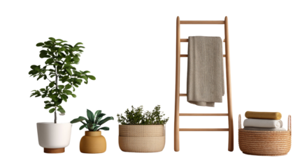 Serene Interior Arrangement: A minimalist interior scene features a wooden ladder, towel, and potted plants. this scene emphasizes a modern aesthetic and promotes tranquility.