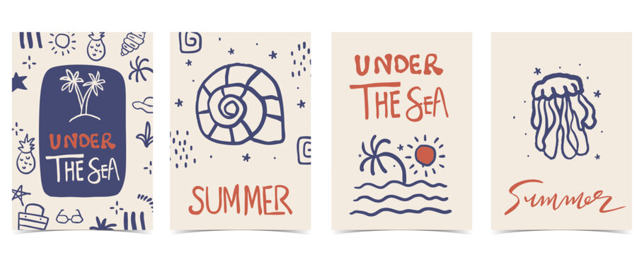 cute doodle summer background with shell,coral,tree for vertical A4 design