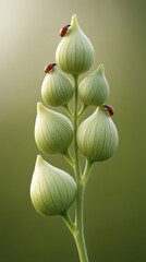 Close view of ladybugs sitting atop buds of a plant. A spring scene with natural background for gardening projects.