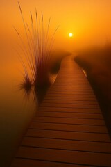 Obraz premium Wooden Boardwalk Through Misty Wetlands at Sunrise with Tall Grasses, Serene Atmosphere, and Warm Golden Morning Light