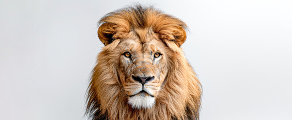 Fototapeta premium A lion with a piercing gaze and flowing mane, highlighted by dramatic chiaroscuro lighting against a white background.