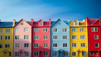 Fototapeta premium colorful houses arranged in vibrant composition showcasing mix of red yellow pink and blue hues against bold background this artistic representation evokes sense of community and creativity