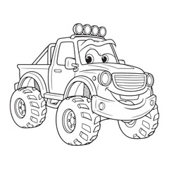 Cartoon funny off road truck suitable for coloring pages - vector illustration