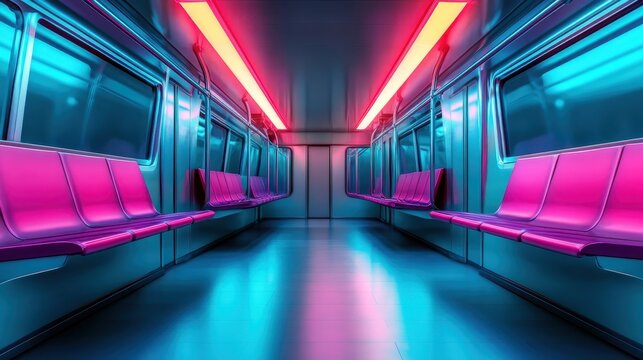 An empty subway train interior illuminated by vivid neon lights, showcasing a blend of modern design and urban lifestyle, ideal for representing futuristic transport.