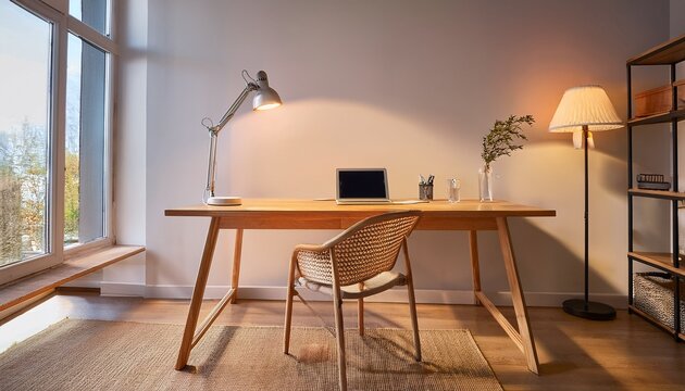 simple workspace featuring light wood desk and wooden chair illuminated by stylish lamp serene atmosphere invites focus and creativity perfect for productivity