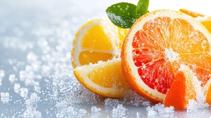 A vibrant composition of sliced citrus fruits, including oranges and lemons, scattered with sugar, creating a refreshing and enticing visual for culinary enthusiasts.