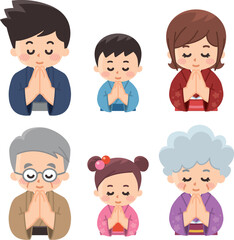目を閉じて合掌する着物姿の家族