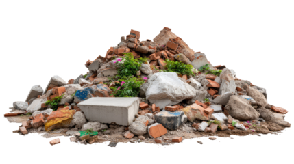 Ruined Construction Waste Pile: A weathered heap of fractured bricks, crumbling concrete, and assorted construction debris sits. overgrown with tenacious plants, evokes themes of decay and rebuilding.
