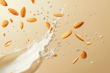 Splash of almond milk with flying whole almonds on a beige background.
