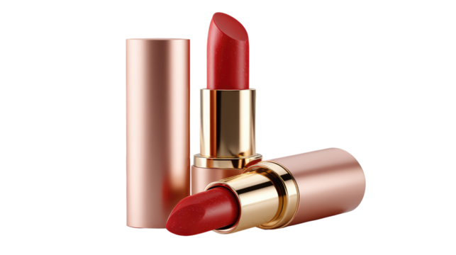 Radiant Red Lipstick: A pair of luscious lipsticks with rich, vibrant red hue, promising allure and sophistication. Captured in a sleek, photorealistic, studio-style shot.
