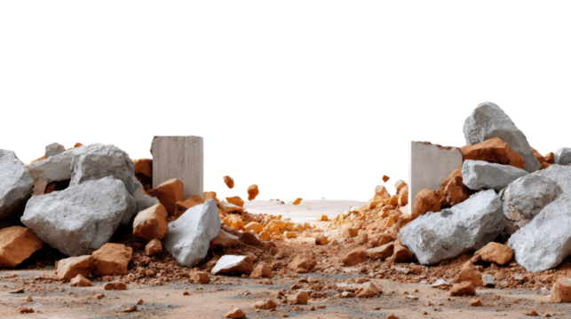 Demolished Scene: A collection of rubble and debris, scattered in the aftermath of destruction. capturing the chaotic nature of wreckage.