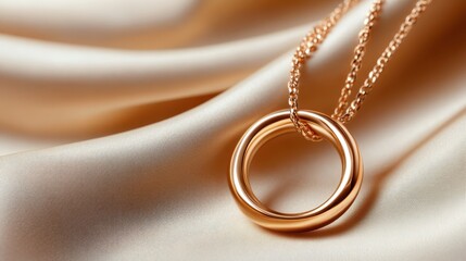 An exquisite gold pendant gracefully resting on silky satin, reflecting elegance and style, perfect for fashion and jewelry enthusiasts seeking luxury.