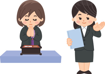 お葬式　お焼香する喪服姿の女性　葬儀場の女性スタッフ