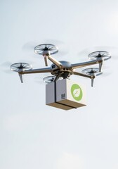 Metallic drone with translucent rotors delivering eco-friendly package in clear sky