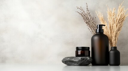 This image showcases a serene arrangement of skincare bottles alongside decorative dried flowers, set against a soft, neutral background that highlights their beauty.
