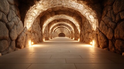 A mesmerizing stone tunnel illuminated by warm ambient lighting, creating a sense of mystery and adventure, perfect for historical and architectural themes.