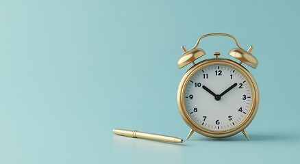Minimalist Gold Alarm Clock and Silver Pencil on Light Blue Background with Copy Space for Design or Branding