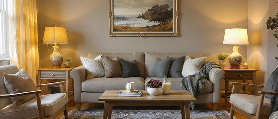 Cozy home interior with sofa, coffee table, and warm lighting Used widely in real estate and lifestyle content.