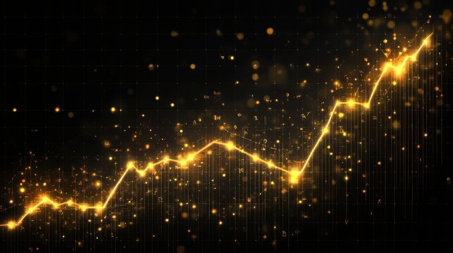 Abstract golden financial growth lines over dark black background, conveying futuristic market analysis