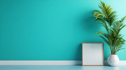 A minimalist scene featuring a stylish potted plant beside an empty frame against a vibrant teal wall, perfect for modern decor accent images in lifestyle photography.