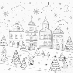 Fototapeta premium A charming illustration depicts a winter landscape with quaint buildings, falling snowflakes, a snowman, and trees, creating a festive holiday scene.