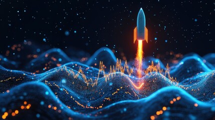 Artistic rocket ascent with glowing trend graph in the background, upward arrow showing stock market surge