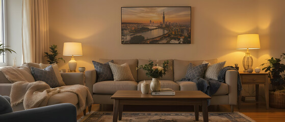 Cozy home interior with sofa, coffee table, and warm lighting Used widely in real estate and lifestyle content.