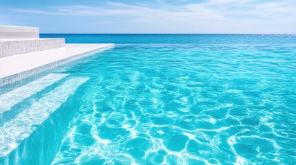 Obraz premium An infinity pool seamlessly merges with the stunning blue sea, illuminated by bright sunlight, creating a picturesque scene that invites relaxation and blissful escape.