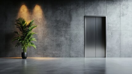 A sleek elevator door stands against a concrete wall, complemented by a vibrant potted plant, which adds a touch of nature to the contemporary office environment.