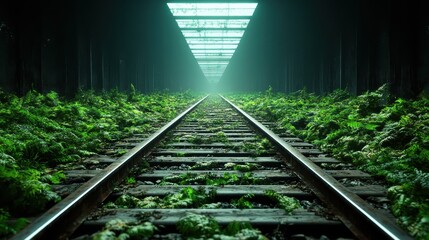 This enchanting perspective reveals train tracks enveloped in vibrant green ferns, creating a mysterious and magical atmosphere that encourages exploration of hidden wonders.