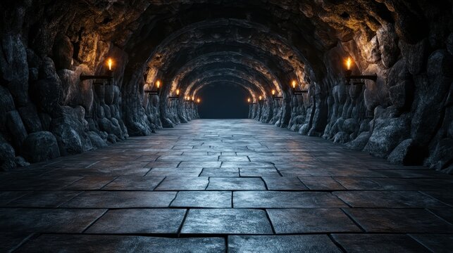 Fototapeta An atmospheric underground tunnel illuminated by flickering torches, featuring rough stone walls and a cobblestone floor, evoking a sense of mystery and adventure.