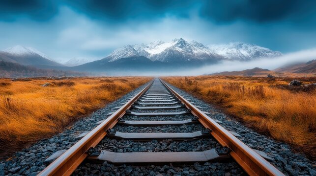 An expansive view of abandoned railway tracks stretching towards majestic snow-capped mountains, framed by golden grass, symbolizing adventure and exploration.
