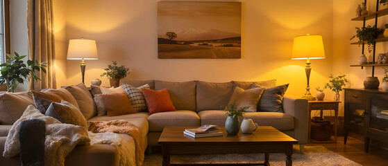 Cozy home interior with sofa, coffee table, and warm lighting Used widely in real estate and lifestyle content.