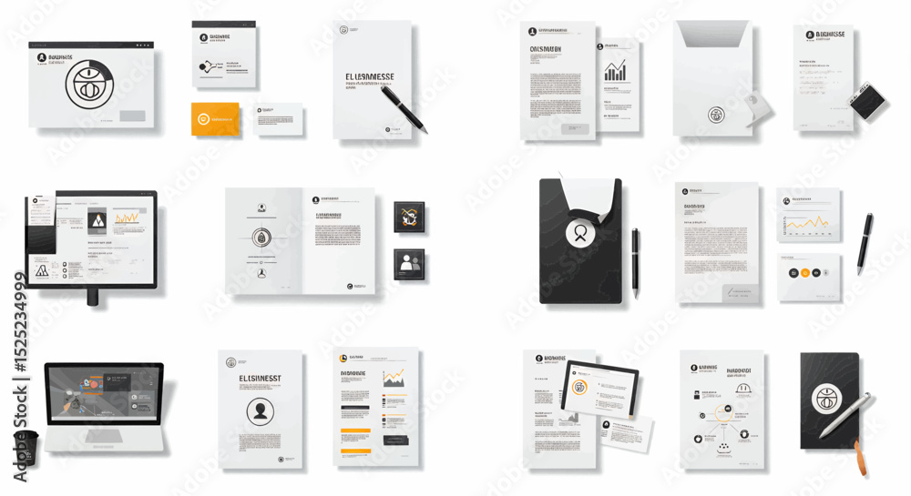 Fototapete A comprehensive collection of corporate branding identity elements featuring a cohesive design system with a sleek modern aesthetic across various stationery items.