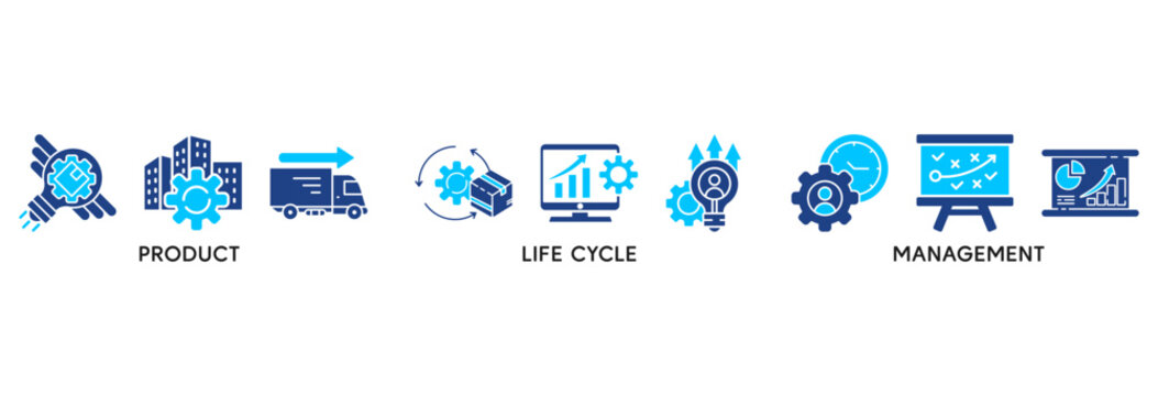 PLM icon set vector illustration concept relate to product lifecycle management with innovation, development, manufacture, delivery, cycle, analysis, planning, strategy, and improvement icon