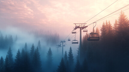 Hyper realistic 3D render of a ski lift cutting through fog above a pine forest 