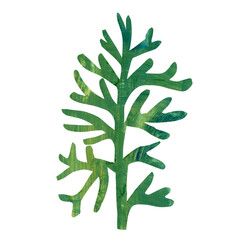  Botanical illustration of tropical leaf in collage technique, green leaf of exotic plant in paper art technique, hand drawn brush texture, shape of exotic leaf, use as print, element design, label.