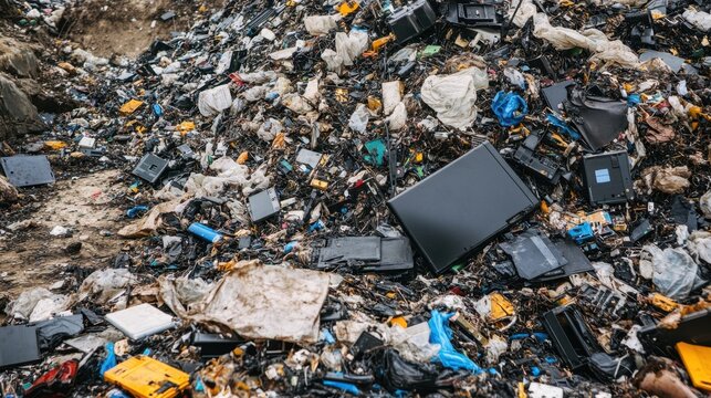 E-waste dump overflowing with plastic and metal from outdated electronic equipment