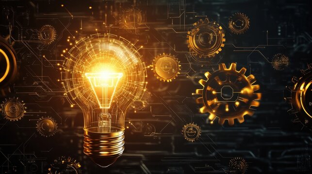 Electric innovation depicted by light bulb with visible interconnected gears and circuit overlays - Powered by Adobe