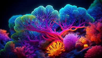 Obraz premium microscopic view revealing colorful coral structures illuminated by fluorescent light